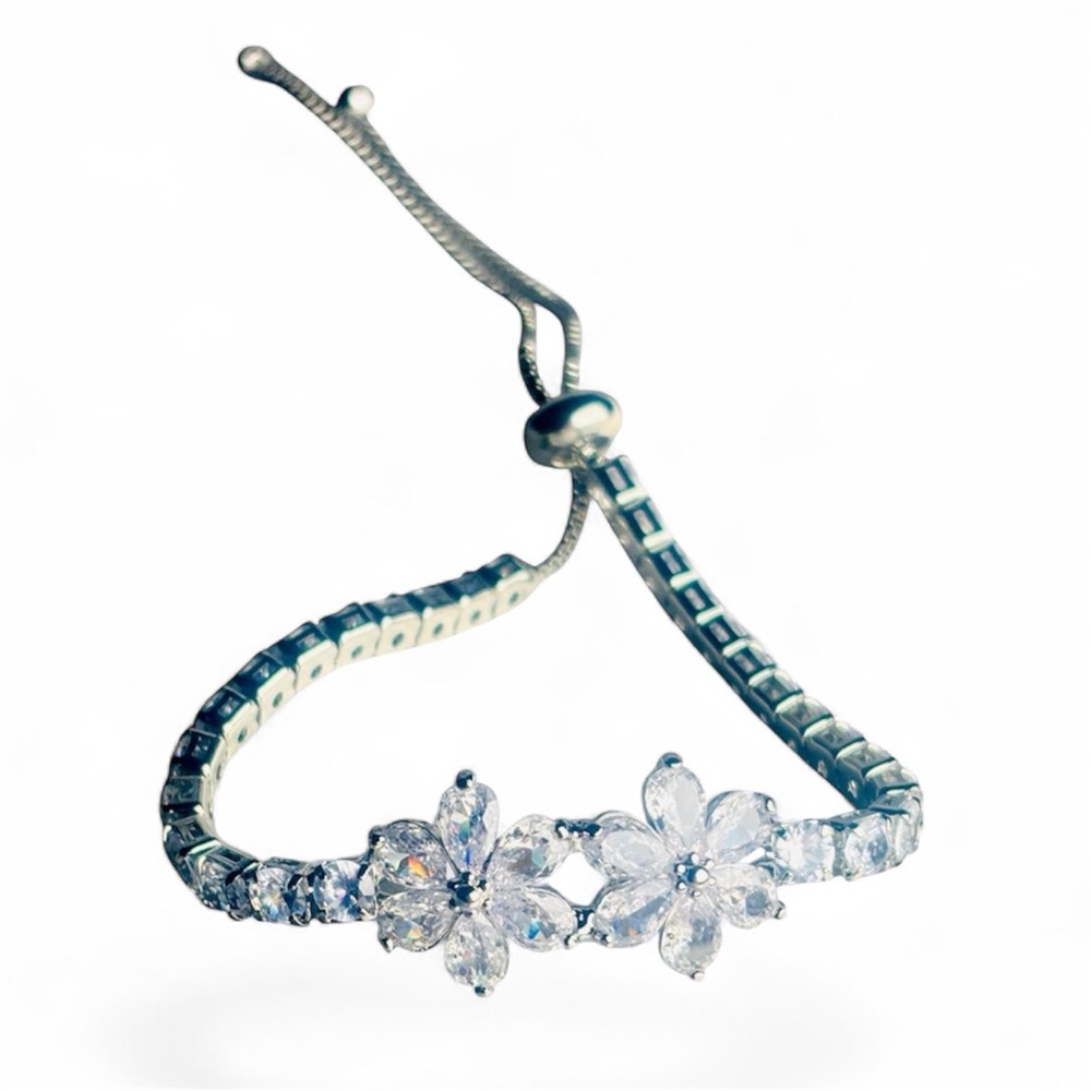 Double Flower Bolo Bracelet Enhanced W/ Swarovski Crystals Slide Closure Silver